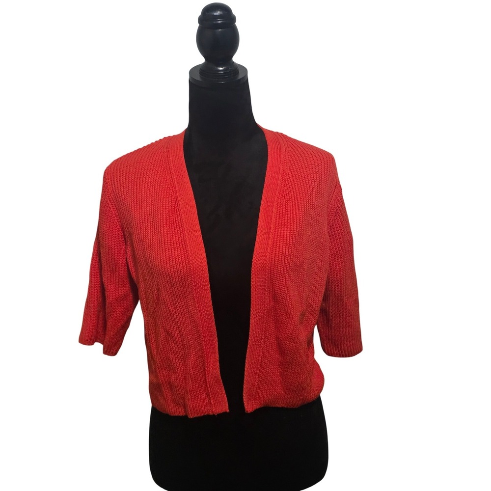 NWT Chaus Women Mandarin Orange Shaker Stitch‎ Open Front Cropped Cardigan  M B1